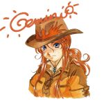  1girl beads blue_eyes breast_pocket brown_collar brown_sleeves character_name chin collar collarbone cowboy_hat cowboy_western cursive drawing_(object) english_text freckles gemini_sunrise hair_between_eyes hat highres long_hair looking_at_viewer matsubara_hidenori nose official_art parted_lips pocket ponytail red_hair sakura_taisen sakura_taisen_v sidelocks signature simple_background solo solo_focus sun third-party_source traditional_media wavy_hair white_background 