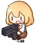  blonde_hair blush brown_skirt chibi chibi_only collared_shirt commentary english_commentary gun handgun highres hololive hololive_english huge_weapon long_sleeves moon_ldl necktie open_mouth red_necktie shirt short_hair simple_background skirt smol_ame virtual_youtuber watson_amelia watson_amelia_(1st_costume) weapon white_background |_| 
