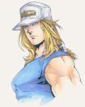  1boy adam&#039;s_apple andy_seto baseball_cap blonde_hair blue_eyes chinese_commentary commentary_request cropped_torso cyber_weapon_z english_commentary hat highres light_frown loneken_carlsber male_focus marker_(medium) medium_hair mixed-language_commentary muscular muscular_male pectorals ponytail profile shirt sleeveless sleeveless_shirt solo traditional_media upper_body 