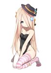  abigail_williams_(fate/grand_order) alternate_costume bare_arms bare_shoulders bell between_legs black_bow black_hat black_leotard blonde_hair blue_eyes bow breasts bug butterfly cleavage closed_mouth collarbone commentary eyebrows_visible_through_hair fate/grand_order fate_(series) full_body groin hair_bow hair_over_one_eye hand_between_legs hat head_tilt highleg highleg_leotard highres insect jilu leotard long_hair looking_at_viewer medium_breasts mismatched_legwear no_shoes orange_bow parted_lips playboy_bunny_leotard seiza simple_background sitting solo star strapless strapless_leotard striped striped_legwear thighhighs v_arms very_long_hair white_background white_legwear 