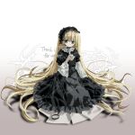  1girl absurdres black_dress black_hairband blonde_hair closed_mouth commission dress frilled_dress frilled_hairband frills full_body gosick gothic_lolita gradient_background green_eyes hairband hajang68 hand_up highres holding holding_smoking_pipe lolita_fashion lolita_hairband long_dress long_hair long_sleeves looking_at_viewer magnifying_glass shadow sitting smoking_pipe solo twitter_username very_long_hair victorica_de_blois watermark 