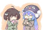  2girls ahoge alternate_costume blue_hair blush border brown_coat brown_hair buttons cheek_bulge closed_eyes coat commentary_request double-breasted earmuffs eating eel_hat food food_bite gradient_hair green_coat green_scarf half-closed_eyes happy hat headgear holding holding_food long_hair medium_hair mittens multicolored_hair multiple_girls open_mouth orange_background otomachi_una pink_mittens purple_hair red_scarf roasted_sweet_potato scarf shiyoheee sidelocks smile steam sweet_potato touhoku_kiritan twintails upper_body vocaloid voiceroid wavy_mouth white_border winter_clothes 