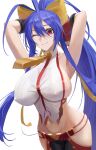 1girl antenna_hair backless_outfit blazblue blazblue:_central_fiction blazblue_remix_heart blazblue_variable_heart blue_hair blush bow breasts covered_nipples gloves hair_between_eyes hair_bow highres kaeru_(meriruou) large_breasts long_hair looking_at_viewer mai_natsume navel ponytail revealing_clothes ribbon sideboob sidelocks smile solo very_long_hair yellow_bow 