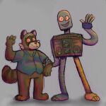 2024 3_toes 4_fingers anthro belly biped brown_body duo feet fingers gesture hi_res male mammal open_mouth procyonid raccoon rascal_(robot_dreams) robot_(robot_dreams) robot_dreams simple_background slightly_chubby smile toes viru_wuz_here waving
