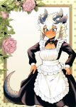  1girl apron black_dress blush brown_eyes closed_mouth commentary_request dark-skinned_female dark_skin dragon_girl dragon_horns dragon_tail dress dungeon_no_osananajimi embarrassed fang flower full-face_blush highres horns kuma_yasuhisa maid maid_apron multiple_horns pink_flower pink_rose pointy_ears rose ryuuka_obsidian short_hair solo tail wavy_mouth white_apron white_hair 