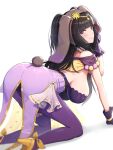  1girl absurdres animal_ears ass bare_shoulders black_hair blush breasts detached_collar embarrassed fake_animal_ears fake_tail fire_emblem fire_emblem_awakening fire_emblem_heroes gonzarez high_heels highres large_breasts leotard looking_at_viewer nervous nervous_smile official_alternate_costume pantyhose playboy_bunny purple_eyes purple_leotard purple_pantyhose rabbit_ears rabbit_tail sideboob simple_background smile solo strapless strapless_leotard sweat sweatdrop tail tharja_(fire_emblem) tharja_(spring)_(fire_emblem) wavy_mouth white_background 