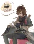  1boy ahoge animal_on_shoulder bag belt belt_bag bird bird_on_shoulder black_gloves black_pants blueberry brown_hair closed_eyes coffee commentary feathers food fruit gloves granblue_fantasy hair_between_eyes hand_on_own_chin holding holding_notepad holding_paper holding_quill iwashi_(morpho000) jacket layered_sleeves male_focus messy_hair notepad on_bench pants paper pouch quill sandalphon_(granblue_fantasy) sandalphon_(valentine)_(granblue_fantasy) sitting sketch solo_focus sweater symbol-only_commentary thinking thought_bubble turtleneck turtleneck_sweater unfinished whipped_cream white_background white_sweater 