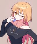  1girl bare_shoulders black_shirt blonde_hair breasts clothes_writing egg hair_ornament hairclip highres jewelry katagiri_nanase kkmrasas large_breasts light_smile long_hair mole mole_under_eye multicolored_hair necklace nukigee_mitai_na_shima_ni_sunderu_watashi_wa_dou_surya_ii_desu_ka? off-shoulder_shirt off_shoulder one_eye_closed red_hair sex_toy shirt simple_background solo two-tone_hair very_long_hair yellow_eyes 