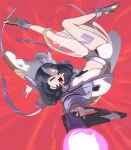  1girl black_hair closed_eyes crying goddess_of_victory:_nikke gold_footwear gun high_heels highres holding holding_gun holding_weapon jacket long_sleeves medium_hair midair multicolored_hair open_clothes open_jacket open_mouth panicking purple_hair skirt solo syope syuen_(nikke) variant_set weapon white_jacket white_skirt 