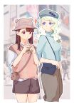  ! 2girls absurdres bag black_shorts blue_eyes blue_shirt border brown_hair brown_hat city closed_mouth commentary cowboy_shot diana_cavendish drinking_straw drinking_straw_in_mouth green_hair handbag highres kagari_atsuko little_witch_academia long_hair looking_at_another multiple_girls outdoors outside_border pink_sweater purple_eyes shirt short_sleeves shorts sleeveless sleeveless_sweater smile sweater symbol-only_commentary tiku_(ttcwf03) white_border white_shirt 