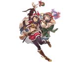 ;d arm_up belt bob_cut boots bow_(weapon) brown_footwear brown_hair candy cropped_jacket crossbow dagger eating fang feena_(shingeki_no_bahamut) food full_body gift granblue_fantasy hair_ornament hat jacket lollipop map minaba_hideo minigob multiple_girls official_art one_eye_closed open_mouth red_jacket red_shorts santa_costume santa_hat shorts smile star star_hair_ornament transparent_background weapon 