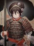  armor avatar:_the_last_airbender avatar_legends black_hair blind chinese_armor chinese_clothes chinese_text earrings grey_eyes gugu_niu hair_bun headdress holding holding_polearm holding_weapon jewelry looking_at_viewer polearm seal_script toph_bei_fong waist_bag weapon 