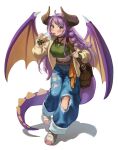  1girl bag belt blue_pants blush brown_bag bubble_tea chain dragon_girl dragon_horns dragon_tail dragon_wings drinking_straw full_body heart heart_necklace highres horns im_hidari_mimi jewelry long_hair looking_at_viewer midriff multi-tied_hair navel necklace orange_belt original pants purple_hair shadow shoulder_bag simple_background solo standing tail torn_clothes torn_pants very_long_hair white_background wings yellow_eyes 