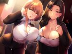 2girls :d arm_up black_bra black_hair black_jacket black_pants blurry blurry_background bra bra_visible_through_clothes breast_press breasts brown_hair cleavage clipboard closed_mouth collarbone collared_shirt dress_shirt dutch_angle hand_in_own_hair highres holding holding_clothes jacket large_breasts long_hair looking_at_viewer mature_female multiple_girls non-web_source open_mouth original pants red_eyes shirt smile takamura_wamu underwear white_shirt yellow_eyes 