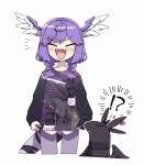  :d black_shirt braid closed_eyes cropped_legs ember_(selen_tatsuki) fang grey_pants hair_ornament hairclip head_wings highres long_hair meme nijisanji nijisanji_en pants purple_hair selen_tatsuki shirt simple_background skin_fang smile space_cat_(meme) sumiya_nadateru tail twin_braids virtual_youtuber white_background wings 