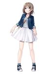  :d alternate_costume bag bare_legs between_breasts black_footwear blue_eyes blue_legwear blue_shirt blush breast_pocket breasts brown_hair casual denim denim_jacket eyebrows_visible_through_hair ginopi grin highres legs_apart long_sleeves looking_at_viewer love_live! love_live!_sunshine!! medium_breasts open_mouth pocket shiny shiny_hair shirt shoes short_hair simple_background skirt skirt_hold sleeves_pushed_up smile sneakers socks solo standing strap_cleavage tareme teeth watanabe_you white_background white_skirt 