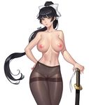  absurdres ass_visible_through_thighs azur_lane bangs black_hair blunt_bangs bow breasts brown_legwear closed_mouth cowboy_shot fingernails hair_bow hand_on_hilt hand_on_hip highres karmiel katana large_breasts legs_together lips long_hair navel nipples no_panties pantyhose pink_lips ponytail pussy signature simple_background solo sword takao_(azur_lane) thigh_gap thighband_pantyhose topless very_long_hair weapon white_background white_bow yellow_eyes 