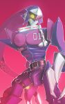  absurdres armor artist_name assault_visor belt blurry blurry_background chain cowboy_shot digimon digimon_(creature) fewer_digits highres notaventura number_print one-eyed purple_armor purple_helmet red_background snatchmon yellow_eyes 