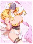  angel angewomon armor bare_shoulders belt blonde_hair breasts covering_face digimon digimon_adventure feathers helmet highres huge_breasts long_hair materclaws smile solo 