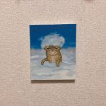  animal animal_focus cat cloud commentary_request hands_up highres karin_hosono no_humans original painting_(medium) photo_(medium) realistic traditional_media upper_body 