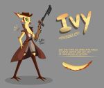 3_toes anthro avian bird bottomwear clothing english_text feathers feet female green_eyes grey_background gun hat headgear headwear hi_res ivy_(vivzlover) jacket model_sheet ranged_weapon shirt shorts simple_background solo text toes topwear vivzlover weapon yellow_body