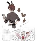  1other 2boys ahoge angel_wings animal_ears blue_eyes brown_hair chef commentary doodle_inset dotted_background expressionless facing_viewer fake_animal_ears fake_tail feathered_wings from_behind granblue_fantasy hair_between_eyes harness holding holding_menu iwashi_(morpho000) lucifer_(shingeki_no_bahamut) menu messy_hair motion_lines multiple_boys neckerchief official_alternate_costume profile rabbit_ears rabbit_tail red_eyes red_neckerchief sandalphon_(granblue_fantasy) symbol-only_commentary tail thought_bubble upper_body vest white_hair white_vest white_wings wings yaoi 