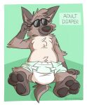 adult_diaper anthro april_fools&#039;_day barefoot brown_body brown_fur clothed clothing detailed_background diaper diaper_only english_text eyewear feet fur green_background hi_res holidays hyena male mammal markings mushketeery mushy_(mushketeery) mushy_(mushketeteery) simple_background smile solo spots spotted_markings sunglasses tan_body tan_fur text topless