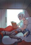  android ariane_yeong bed book camisole closed_eyes cyberpunk elster_(signalis) joints maarika metal_skin robot_girl robot_joints science_fiction short_hair signalis spacecraft_interior white_hair 