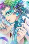  1other androgynous aqua_eyes blue_eyes blue_hair facepaint facial_mark feathers fingernails forehead_mark gnosia green_eyes green_hair headphones long_sleeves looking_at_viewer nail_polish raqio shunkashuntou simple_background solo upper_body 