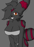 anthro biped breasts cleavage clothed clothing eeveelution female female_anthro fur generation_2_pokemon grey_body grey_clothing grey_fur kyberlatch markings nintendo orange_eyes pokemon pokemon_(species) red_markings serra_(kyberlatch) smile smiling_at_viewer solo umbreon