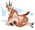 angry antelope areola big_breasts bovid breasts brown_areola brown_body brown_fur brown_nipples curved_horn dullvivid female fur gazelle half-closed_eyes hi_res hooves horn huge_breasts mammal multicolored_body multicolored_fur narrowed_eyes nipples nude sagging_breasts simple_background smile solo tan_body tan_fur two_tone_body two_tone_fur