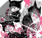  ball blood blush_stickers buttons crying danganronpa hat holding holding_object horned_headwear hoshi_ryouma jacket monochrome new_danganronpa_v3 shirt short_hair suurin_(ksyaro) violence 