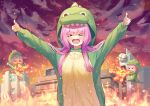  &gt;_&lt; 1girl 3girls absurdres blush bocchi_the_rock! breath_weapon breathing_fire burning chibi city commentary_request dinosaur_costume dinosaur_hood double_thumbs_up fire gotoh_hitori highres hood hood_up multiple_girls multiple_persona onesie open_mouth outdoors pink_hair solar_torch thumbs_up upper_body 