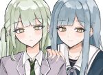  2girls bang_dream! bang_dream!_it&#039;s_mygo!!!!! blue_hair blue_shirt blush closed_mouth collared_shirt commentary_request cosplay costume_switch green_hair green_necktie grey_jacket hair_ornament hairclip hand_on_another&#039;s_shoulder haneoka_school_uniform highres jacket looking_at_viewer multiple_girls necktie sailor_collar school_uniform shirt simple_background smile togawa_sakiko tsukinomori_school_uniform twintails upper_body wakaba_mutsumi white_background white_sailor_collar white_shirt yellow_eyes yuruha_(yuruha_cat) 