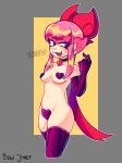  1girl :3 bad_joker brawl_stars breasts gloves highres latex latex_gloves maebari melodie_(brawl_stars) navel pink_hair short_hair smile solo thighs 