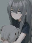  1girl black_shirt collared_shirt expressionless fuyuishi grey_background grey_eyes highres muted_color original shirt short_sleeves simple_background solo stuffed_animal stuffed_toy upper_body 