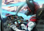  2017 5_fingers anthro armor biped black_nose building canine city clothed clothing cockpit detailed_background digital_media_(artwork) fighterjet fire fur hair machine male mammal mecha pilot sitting solo wolf 