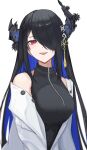  1girl alternate_costume asymmetrical_horns black_hair blue_hair breasts colored_inner_hair demon_horns hair_ornament hair_over_one_eye highres hololive hololive_english horns large_breasts long_hair looking_at_viewer mole mole_under_eye multicolored_hair nerissa_ravencroft red_eyes single_bare_shoulder smile solo two-tone_hair uneven_horns very_long_hair virtual_youtuber yato_kamo 