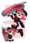  1girl aqua_eyes baseball_cap bike_shorts black_footwear black_hat border chibi chibi_inset closed_mouth commentary_request commission coula_cat eyebrow_cut flingza_roller_(splatoon) hat high_tops holding holding_weapon ink_tank_(splatoon) inkling inkling_girl inkling_player_character medium_hair multiple_views open_mouth outside_border pointy_ears red_background red_footwear red_hair shoes smile sneakers splatoon_(series) splatoon_3 teeth tentacle_hair thank_you two-tone_footwear weapon white_border 