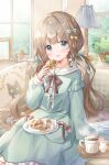  1girl :d absurdres aqua_dress blush bow bowtie braid brown_bow brown_bowtie brown_hair cat center_frills chocolate_chip_cookie coffee coffee_cup cookie couch cup disposable_cup dress food frilled_dress frills green_dress green_eyes hair_bow hand_up highres holding holding_food hoshiibara_mato indoors lamp light_particles long_hair long_sleeves looking_at_viewer low_twintails mug on_couch open_mouth original plant plate potted_plant puffy_sleeves sailor_collar sailor_dress sitting smile solo steam teacup tray twintails very_long_hair white_sailor_collar window wrapper 