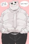 2024 absurd_res anthro belly big_belly blush bottomwear clothing dialogue dumdum english_text eyes_closed hi_res kemono male mammal necktie overweight overweight_male pants pink_background shirt simple_background smile solo text topwear