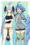  2girls ahoge bird_legs bird_tail bird_wings black_hair black_tank_top blue_feathers blue_hair blue_wings breast_pocket breasts brown_shorts closed_mouth collared_shirt cosplay costume_switch feathered_wings feathers gre_sshirt grey_hair grey_necktie grey_shirt hair_between_eyes harpy head_wings highres kemono_friends lindaroze long_hair looking_at_viewer micro_shorts monster_girl monster_musume_no_iru_nichijou multiple_girls navel necktie one_eye_closed open_mouth panties papi_(monster_musume) papi_(monster_musume)_(cosplay) pocket shirt shoebill_(kemono_friends) shoebill_(kemono_friends)_(cosplay) short_hair short_sleeves shorts sidelocks small_breasts striped_clothes striped_panties tail talons tank_top underwear winged_arms wings yellow_eyes 