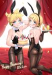  1boy 1girl animal_ears ass birthday_cake black_gloves black_leotard black_pantyhose blonde_hair blue_eyes breasts c_take0141 cake closed_mouth collar detached_collar elbow_gloves fake_animal_ears food gloves hair_ornament hairpin happy_birthday highres holding holding_plate kagamine_len kagamine_rin leotard male_playboy_bunny multiple_girls open_mouth pantyhose plate playboy_bunny rabbit_ears short_hair small_breasts smile strapless strapless_leotard vocaloid white_collar white_wrist_cuffs wrist_cuffs x_hair_ornament 