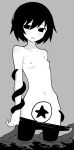  1girl akableak blush breasts clothes_pull greyscale highres looking_at_viewer monochrome monogatari_(series) navel oshino_ougi owarimonogatari pantyhose pantyhose_pull parted_lips short_hair small_breasts solo tentacles topless 