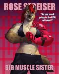 2023 absurd_res anthro blue_eyes breasts female fur hair hi_res hyena mammal prosthetic prosthetic_arm prosthetic_limb purtropos red_hair remember_the_flowers rose_(remember_the_flowers) solo text