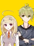  1boy 1girl ahoge akamatsu_kaede amami_rantarou backpack bag blonde_hair danganronpa duo fc green_eyes green_hair hair_ornament hairclip jewelry long_hair matching_hair/eyes musical_note musical_note_hair_ornament necklace necktie new_danganronpa_v3 piercing purple_eyes school_uniform shirt short_hair smile striped striped_shirt sweater sweater_vest tie uniform 