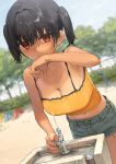  1girl black_hair blue_sky blurry blurry_background blush breasts camisole cleavage cloud commentary_request day gaki_kyonyuu grey_shorts highres kaedeko_(kaedelic) large_breasts looking_at_viewer midriff navel one-piece_tan oppai_loli outdoors red_eyes sasaki_kanna_(kaedeko) short_shorts shorts sky solo tan tanlines twintails water wet yellow_camisole 