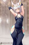  1girl animal_ears black_dress black_gloves blurry blurry_background breasts cat_ears chain commentary dress elbow_gloves english_commentary evening_gown facial_mark from_behind gloves gold_chain grey_hair highres hip_vent meme meme_attire modakawa_dress nia_(xenoblade) patreon_username short_hair small_breasts smile solo tight_clothes tight_dress web_address xenoblade_chronicles_(series) xenoblade_chronicles_3 yellow_eyes z-ki 