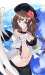  1girl :o absurdres alternate_costume angel_wings beret bikini black_sarong blue_eyes breasts brown_hair choker cleavage cowboy_shot expressionless feathered_wings floating_hair flower frilled_bikini frills granblue_fantasy hair_flower hair_intakes hair_ornament hand_up hat highres innertube looking_at_viewer low_twintails medium_breasts navel ocean raziel_(granblue_fantasy) sarong scrunchie see-through_sarong single_wing solo swim_ring swimsuit twintails waves white_wings wings wrist_scrunchie yakota_(usuk-yako) 