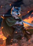 anthro black_nose blue_body blue_eyes blue_fur blue_hair canid clothed clothing eyelashes fire front_view fur glistening glistening_eyes hair hi_res holding_object holding_sword holding_weapon looking_at_viewer male mammal marie_merkh melee_weapon outside portrait short_hair smoke solo standing sword three-quarter_portrait weapon white_body white_fur